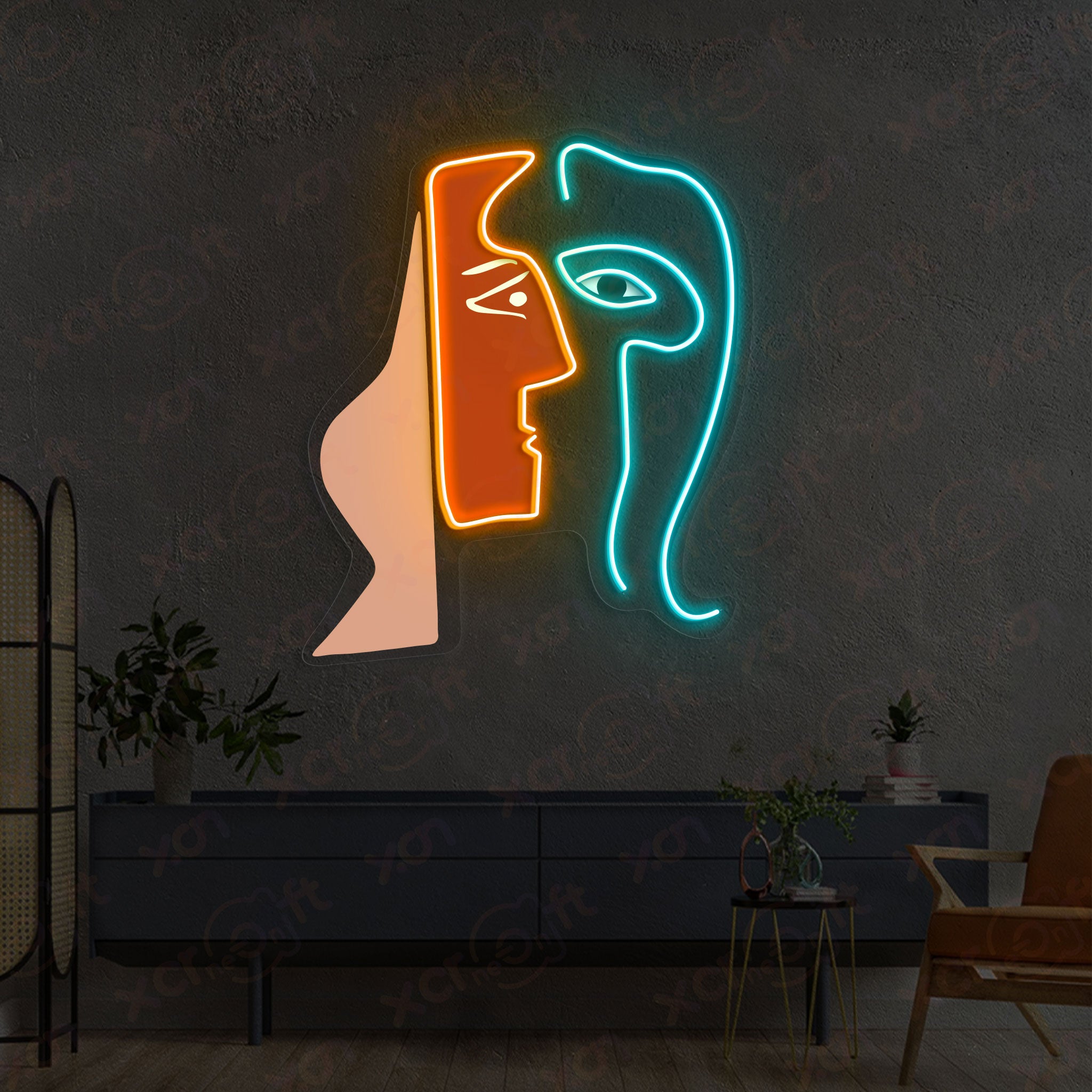 Abstract Line Faces Neon Signs Decoration
