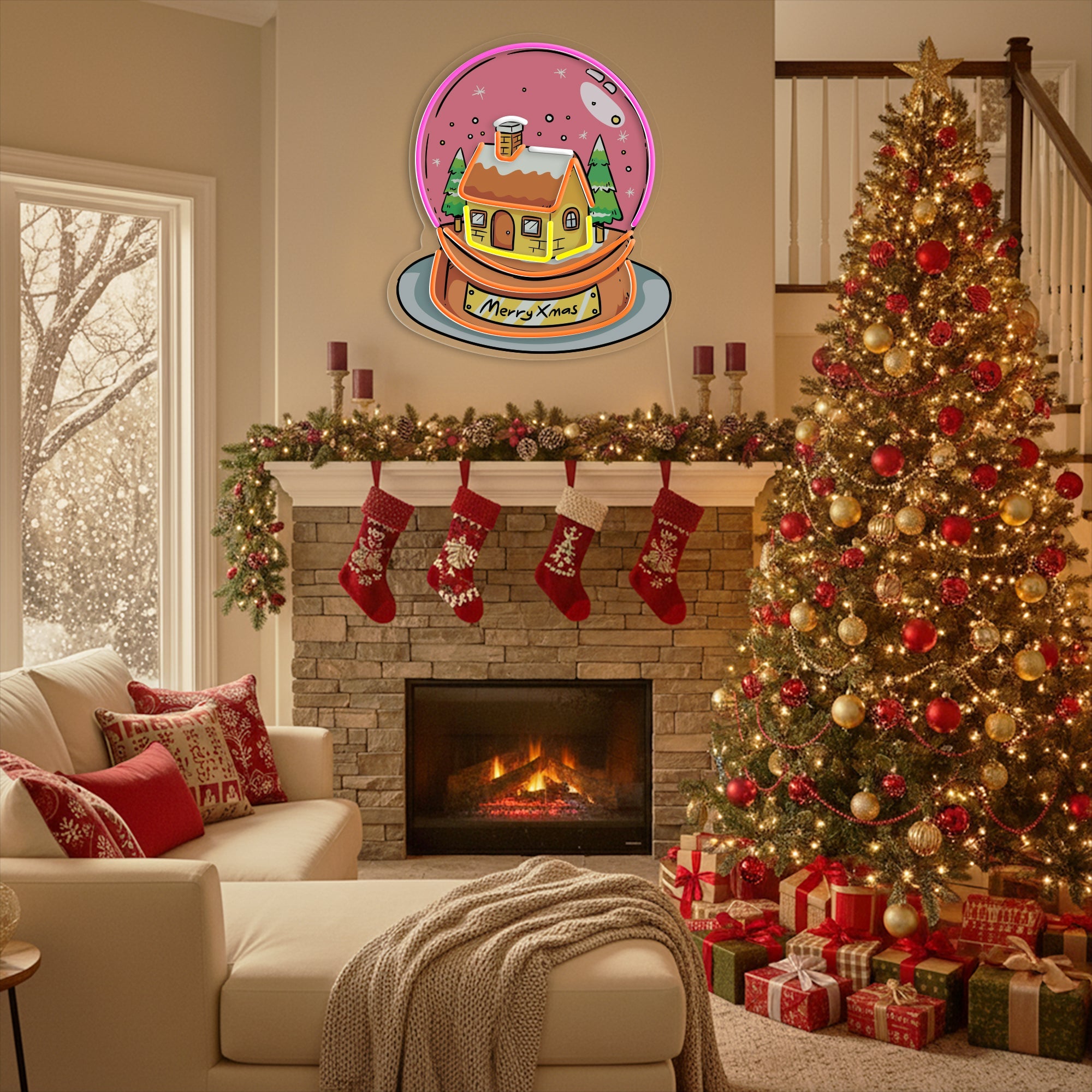 Merry Christmas Snowball Modern LED Sign