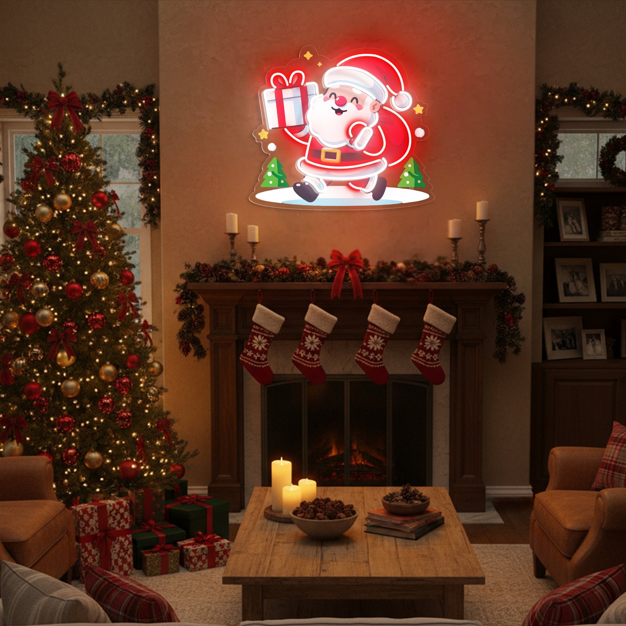 Santa Claus Holding Gift UV Printed Neon Sign