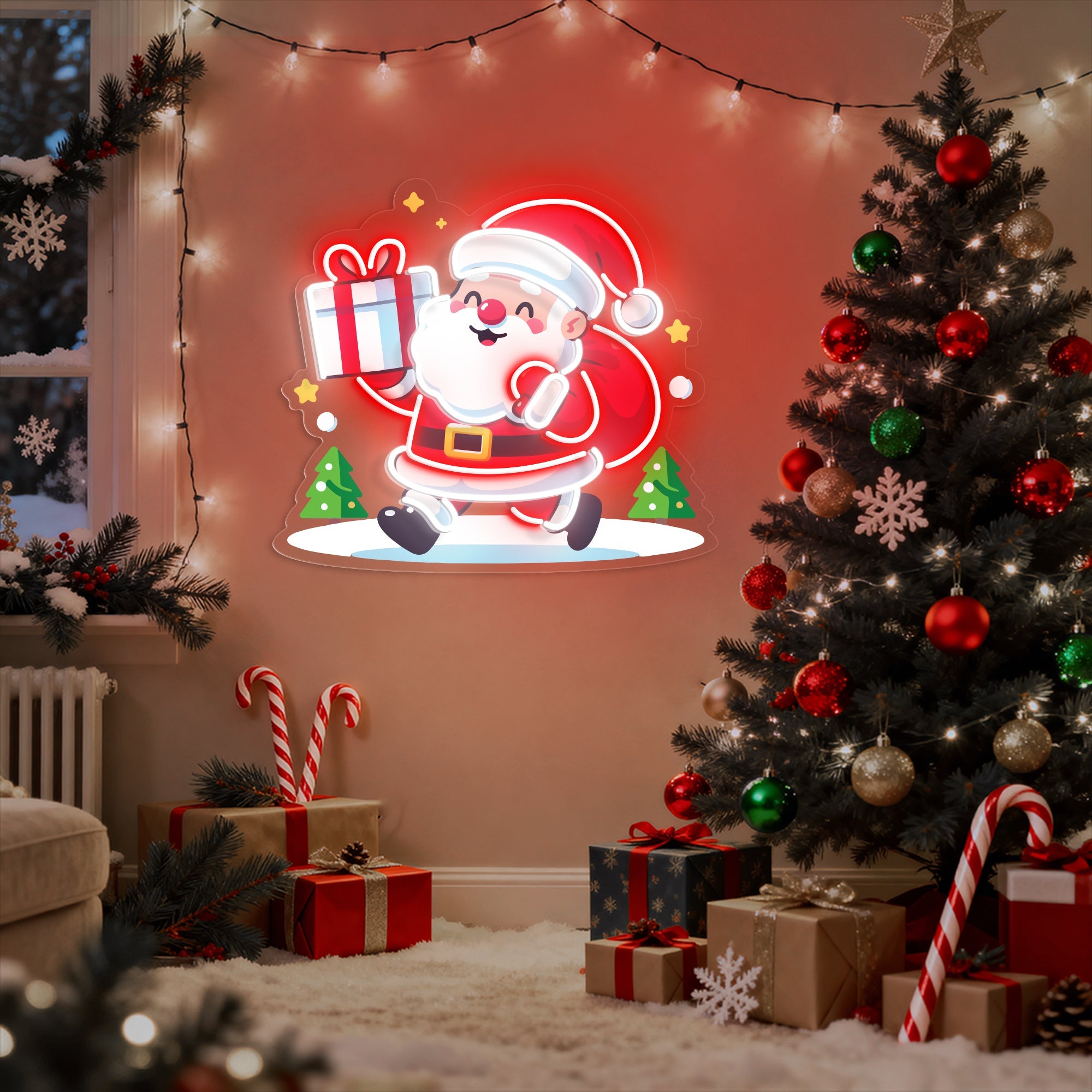 Santa Claus Holding Gift UV Printed Neon Sign