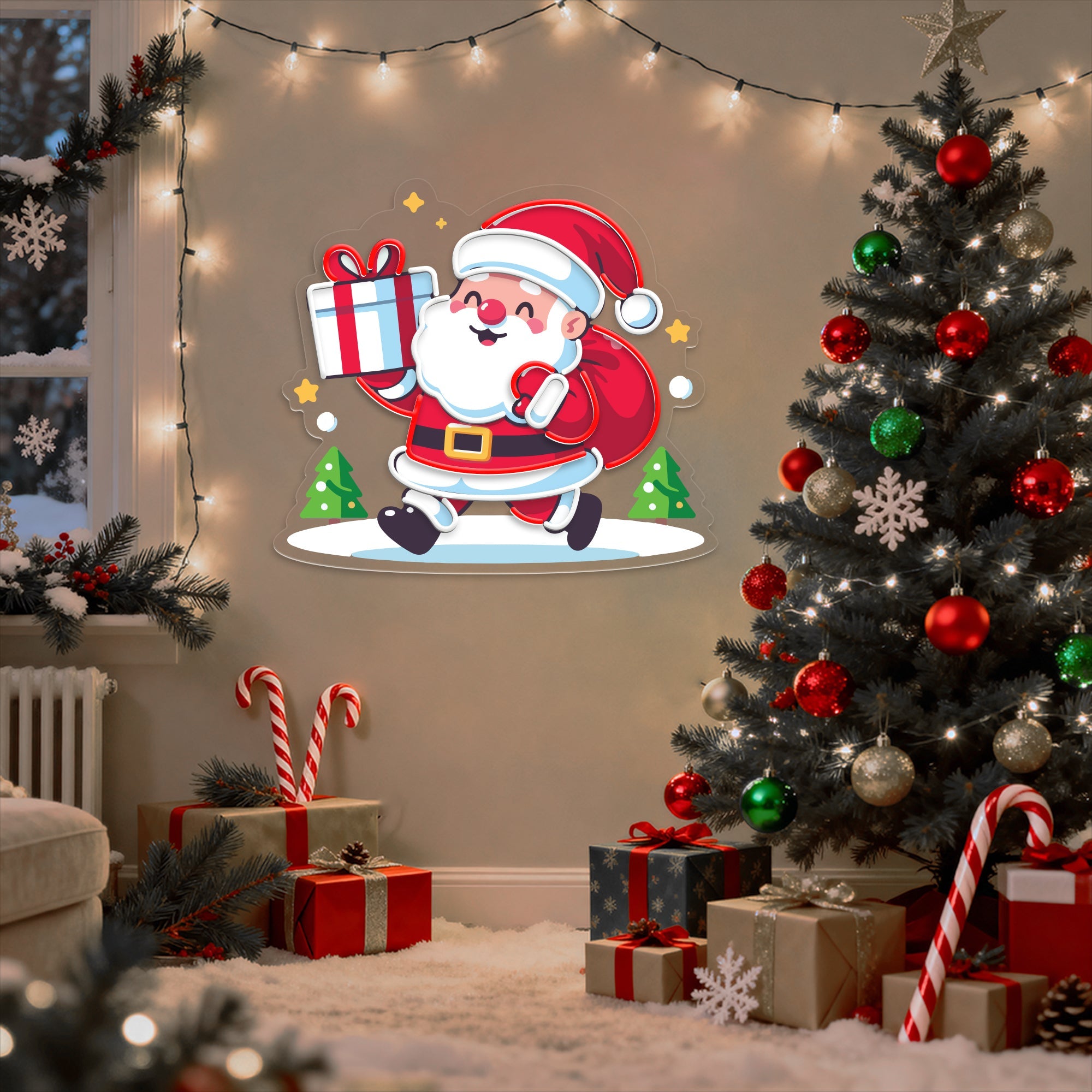 Santa Claus Holding Gift UV Printed Neon Sign
