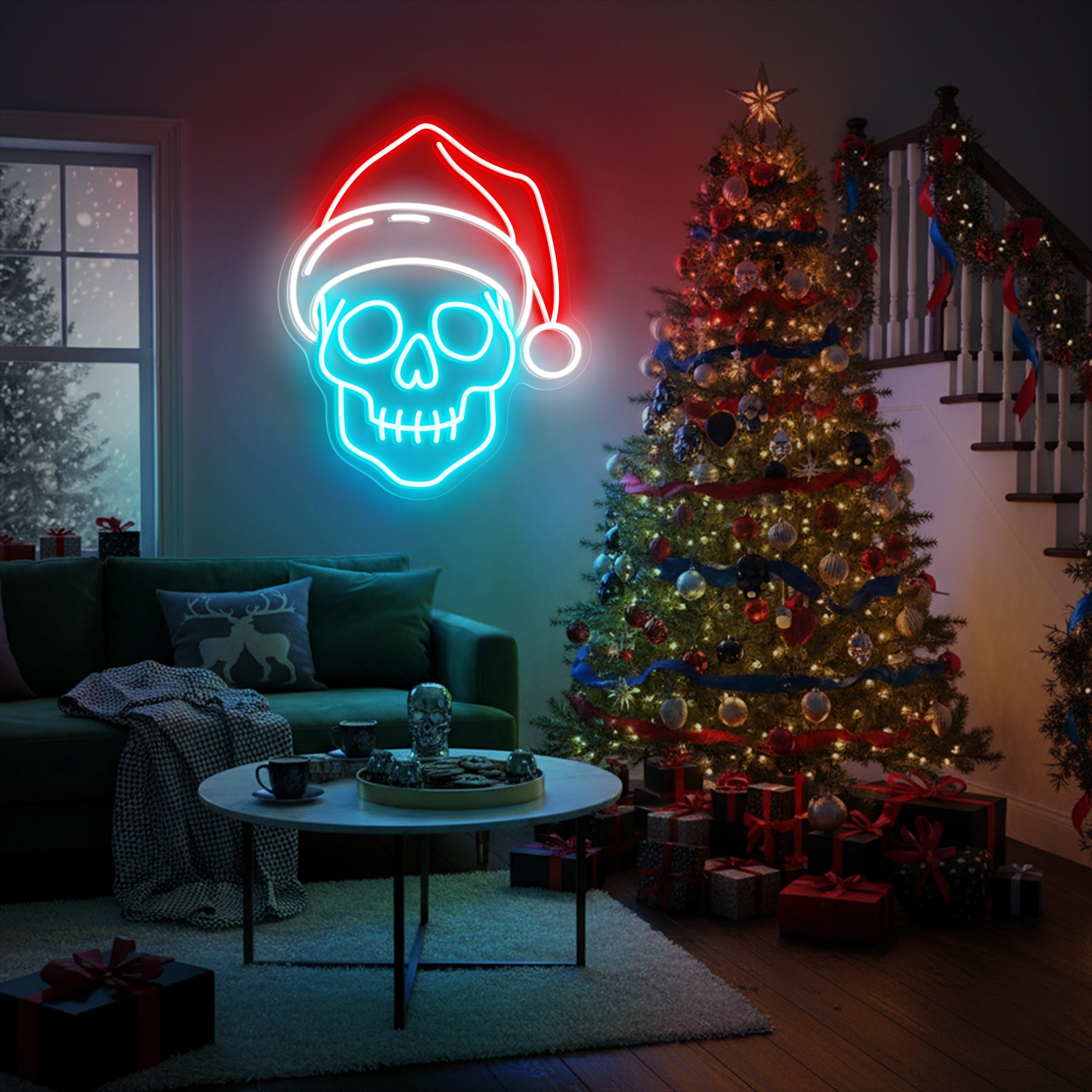 Skull with Santa Hat Neon Sign – Spooky Christmas LED Wall Light for Gothic Holiday Decor
