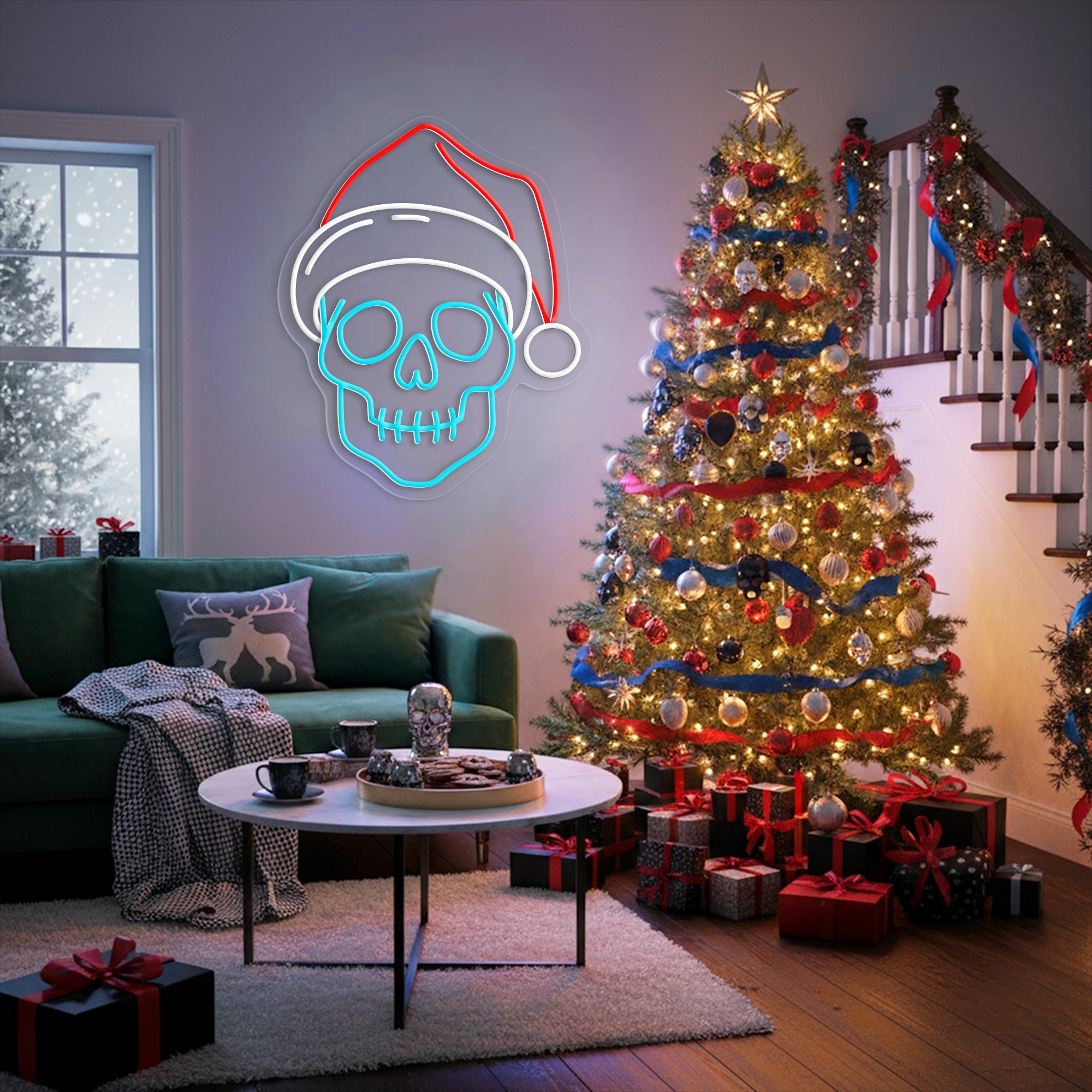Skull with Santa Hat Neon Sign – Spooky Christmas LED Wall Light for Gothic Holiday Decor