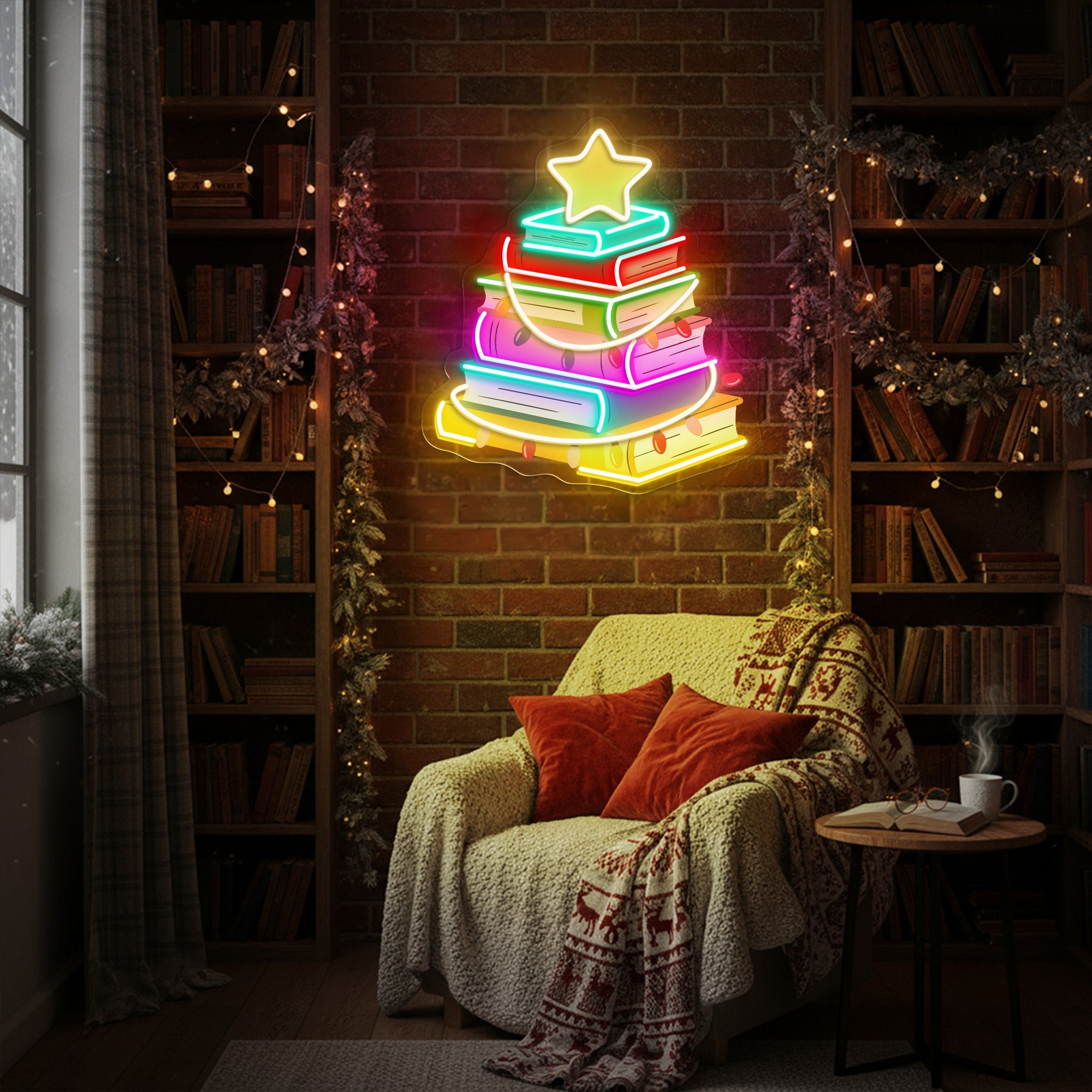 Christmas Tree Book Neon Sign – Holiday Reading LED Light for Cozy Home & Book Lover Décor