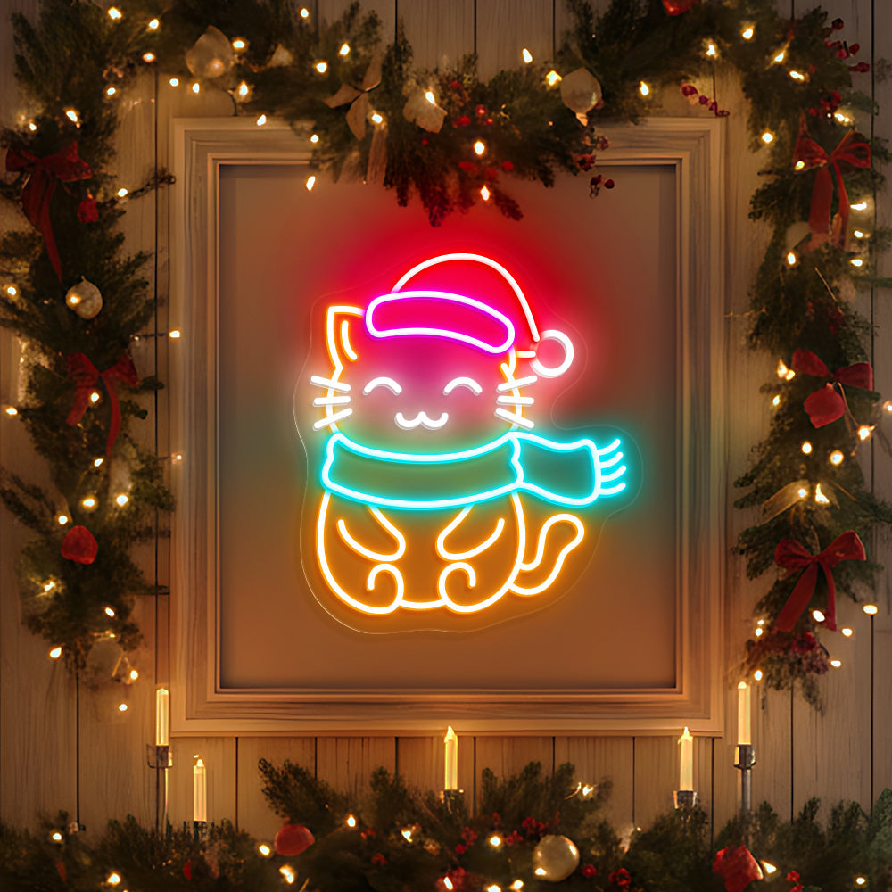 Christmas Cat Neon Sign – Cute Holiday LED Wall Light for Pet Lovers & Festive Home Décor
