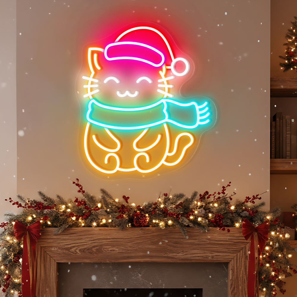 Christmas Cat Neon Sign – Cute Holiday LED Wall Light for Pet Lovers & Festive Home Décor