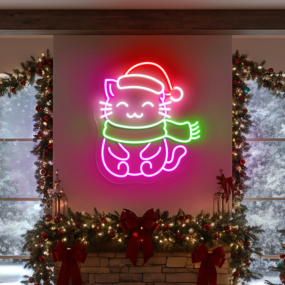 Christmas Cat Neon Sign – Cute Holiday LED Wall Light for Pet Lovers & Festive Home Décor