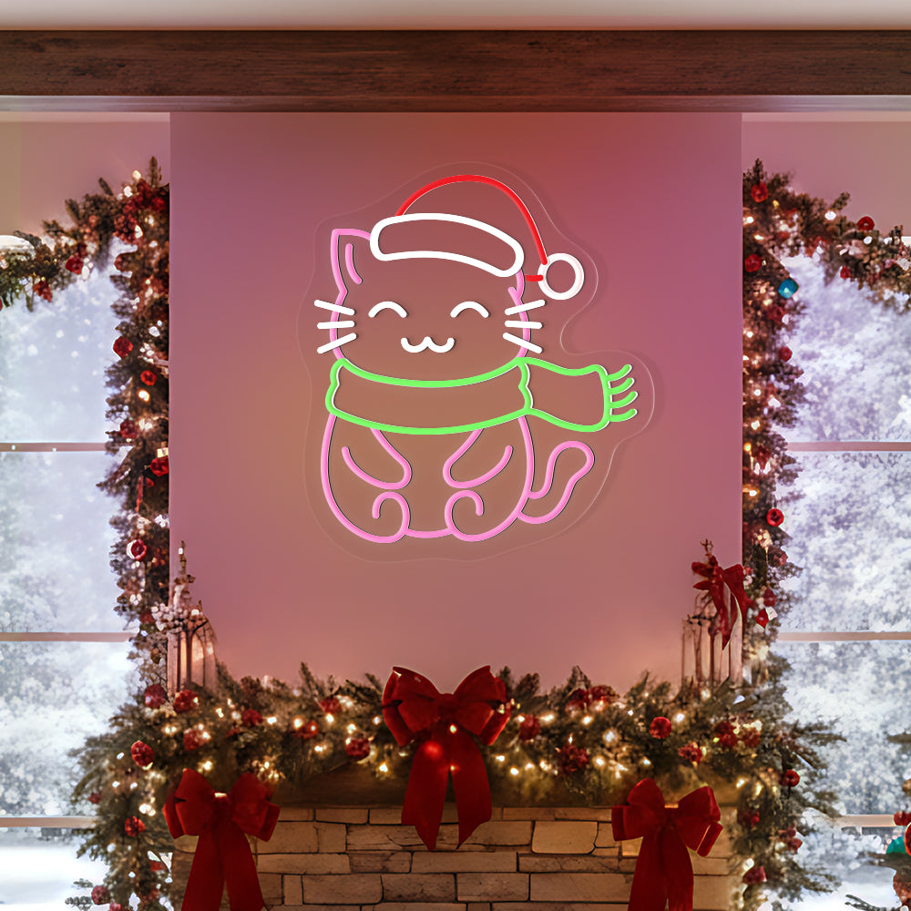 Christmas Cat Neon Sign – Cute Holiday LED Wall Light for Pet Lovers & Festive Home Décor