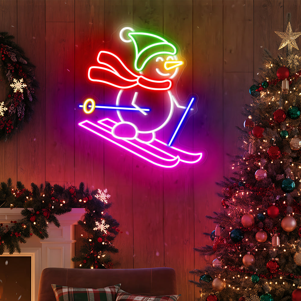 Cute Snowman Skiing Neon Sign - Christmas LED Light for Winter Holiday & Party Decor