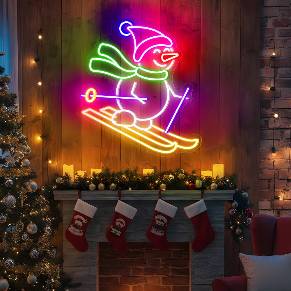 Cute Snowman Skiing Neon Sign - Christmas LED Light for Winter Holiday & Party Decor