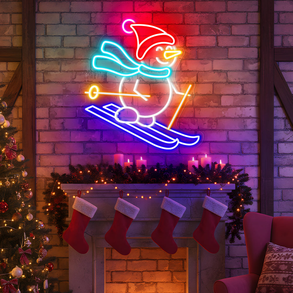 Cute Snowman Skiing Neon Sign - Christmas LED Light for Winter Holiday & Party Decor