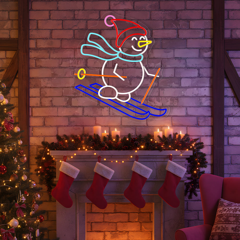 Cute Snowman Skiing Neon Sign - Christmas LED Light for Winter Holiday & Party Decor