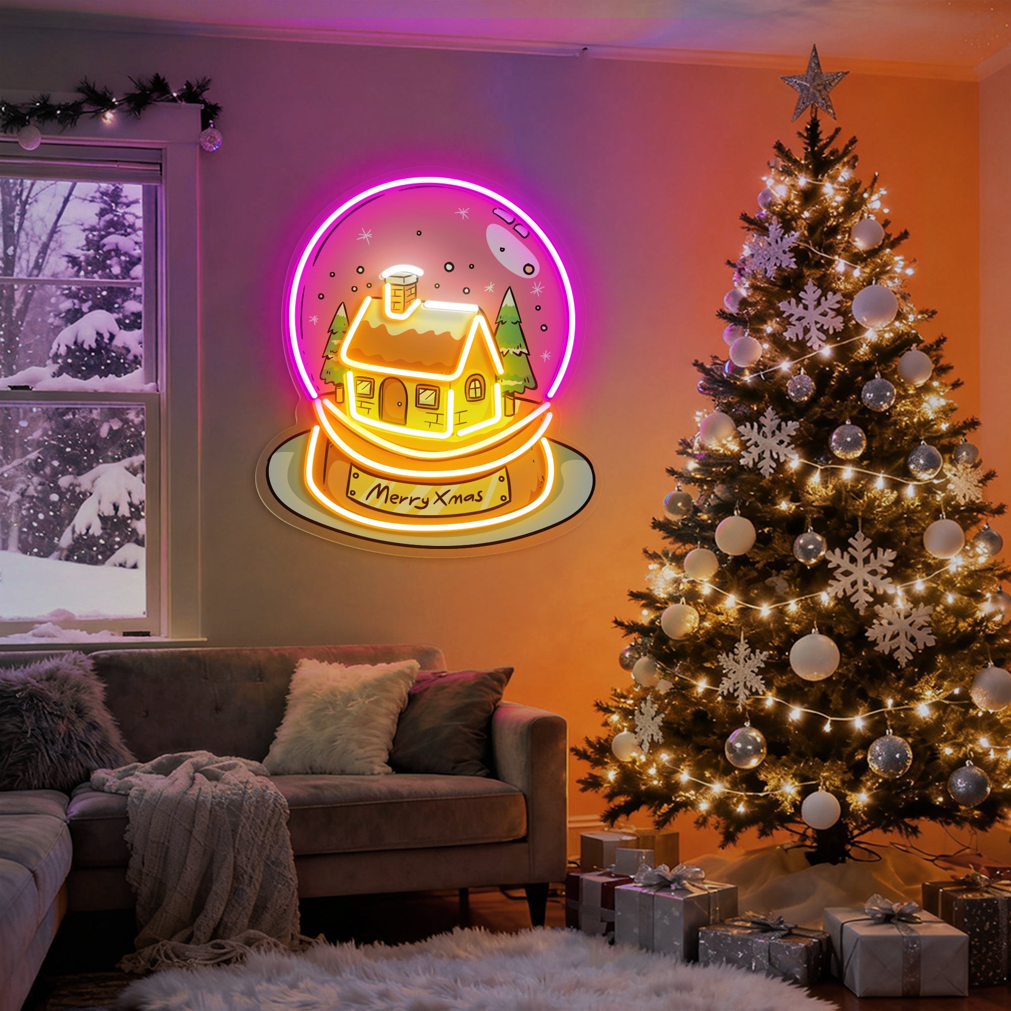Merry Christmas Snowball Modern LED Sign