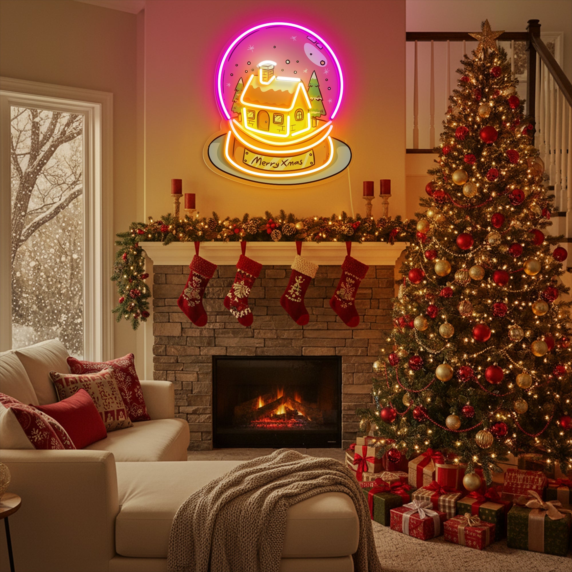 Merry Christmas Snowball Modern LED Sign