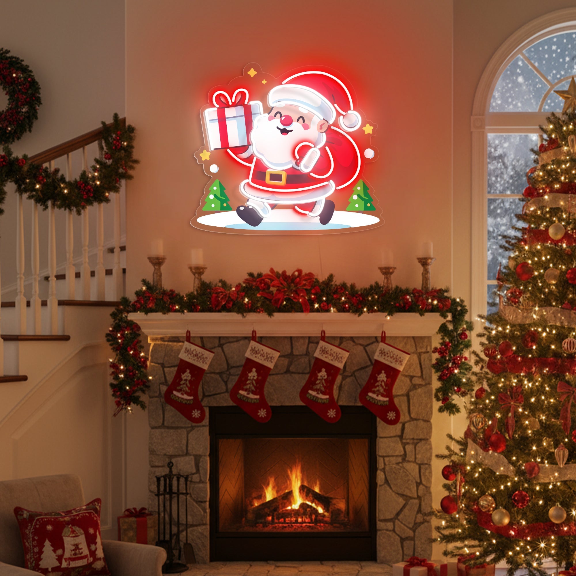 Santa Claus Holding Gift UV Printed Neon Sign