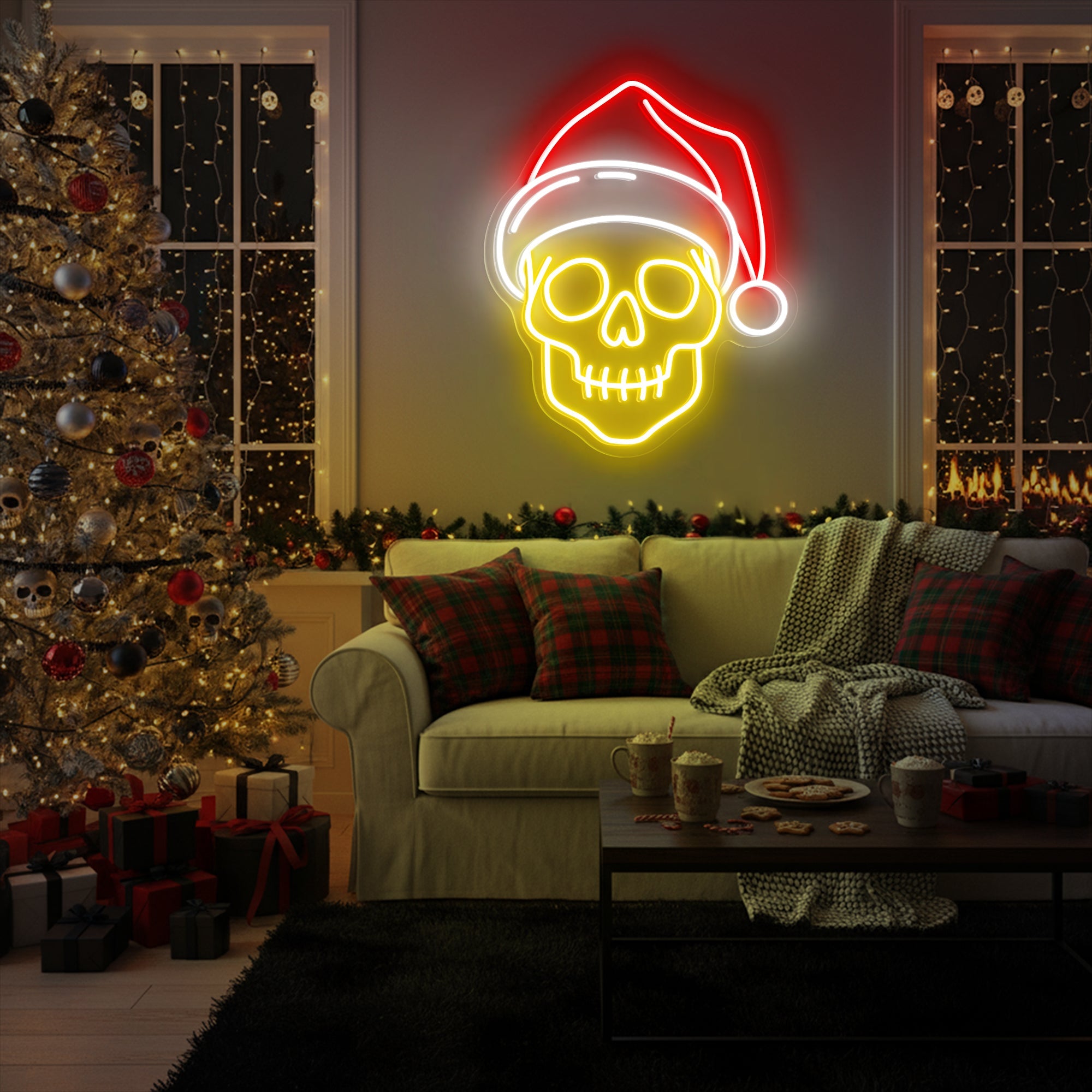 Skull with Santa Hat Neon Sign – Spooky Christmas LED Wall Light for Gothic Holiday Decor