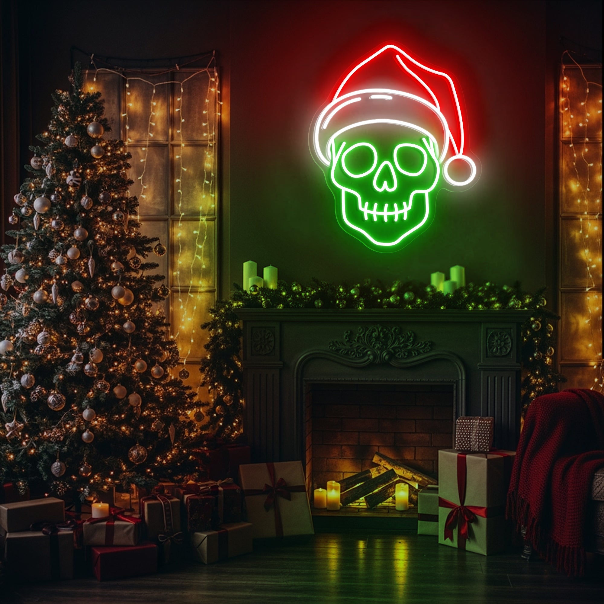 Skull with Santa Hat Neon Sign – Spooky Christmas LED Wall Light for Gothic Holiday Decor