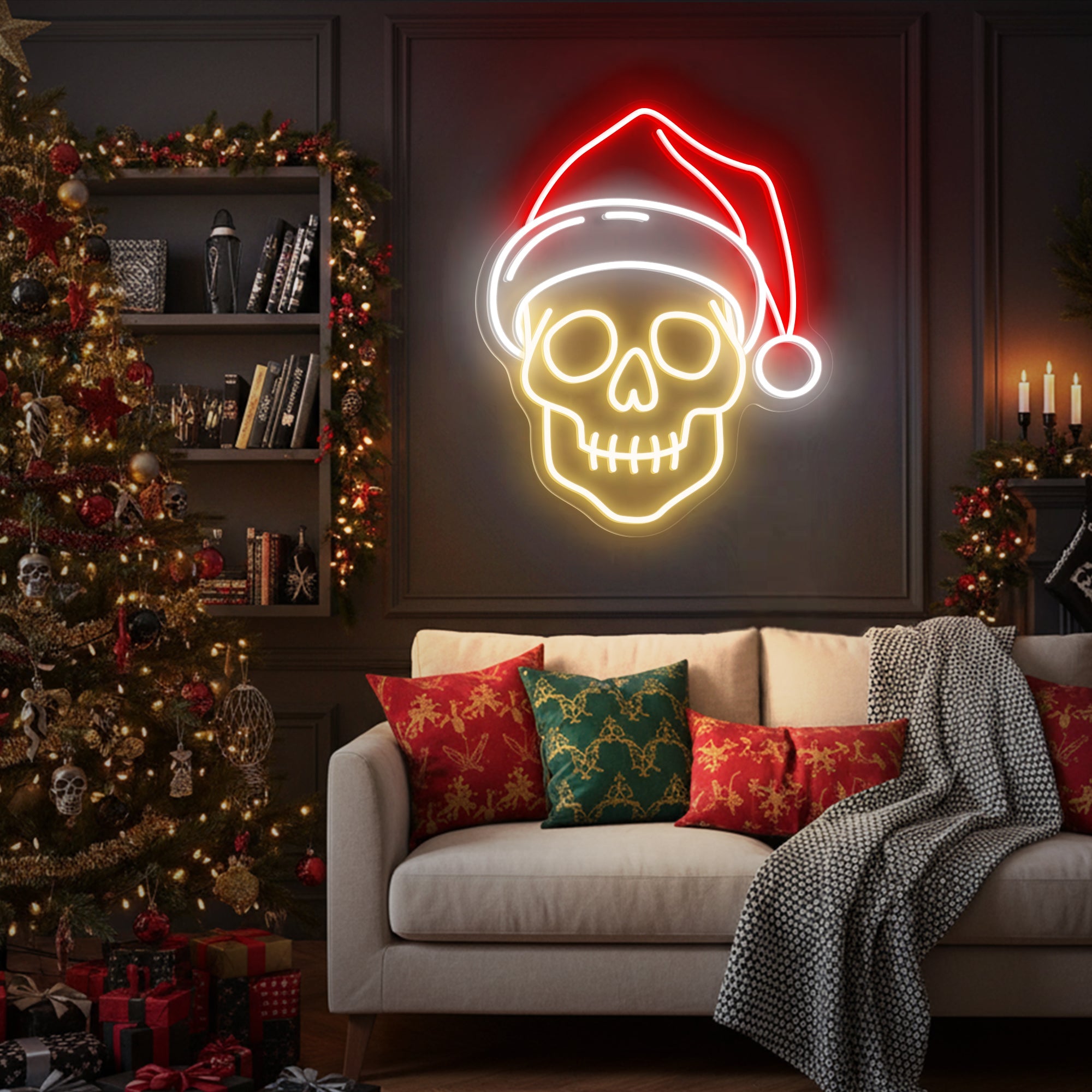 Skull with Santa Hat Neon Sign – Spooky Christmas LED Wall Light for Gothic Holiday Decor