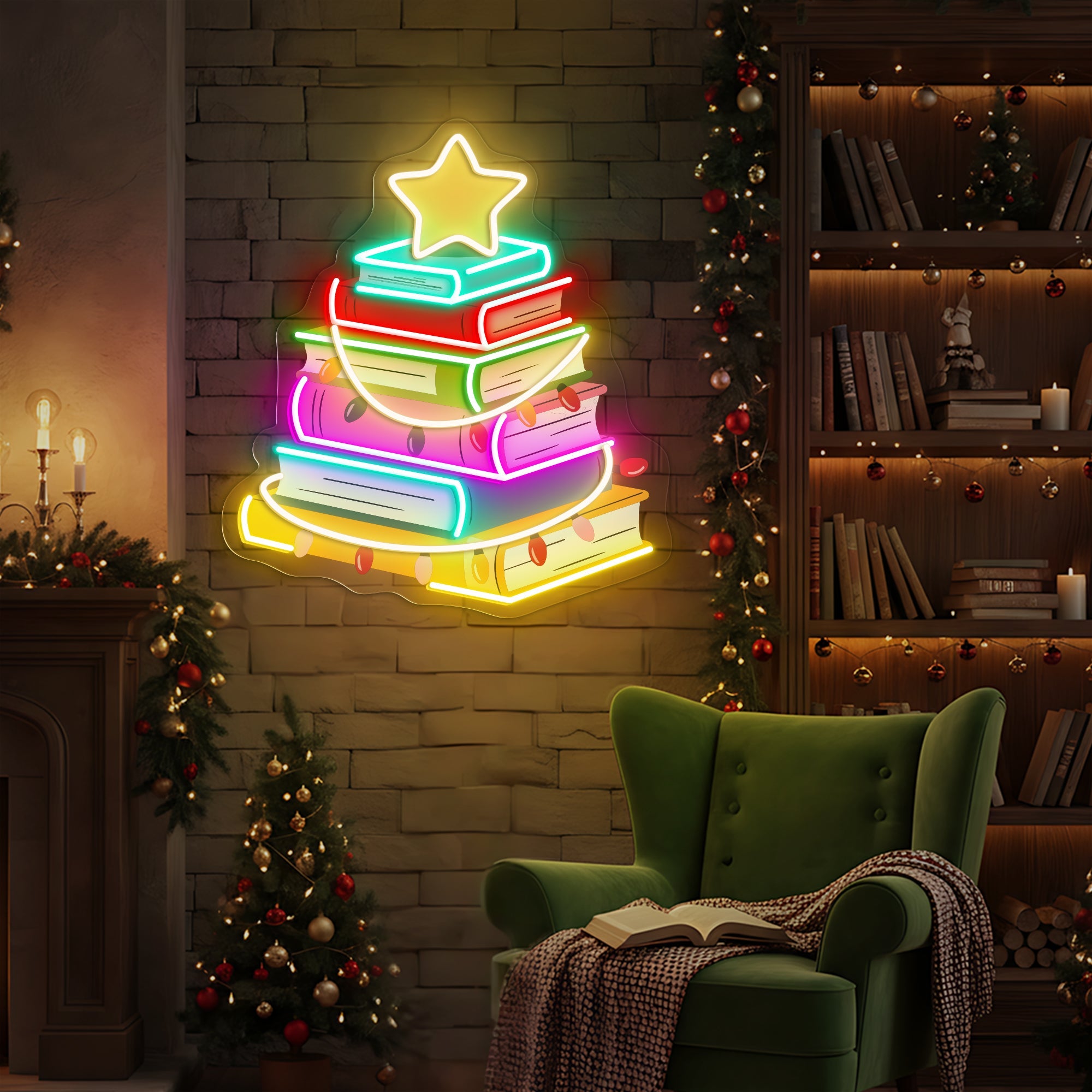 Christmas Tree Book Neon Sign – Holiday Reading LED Light for Cozy Home & Book Lover Décor
