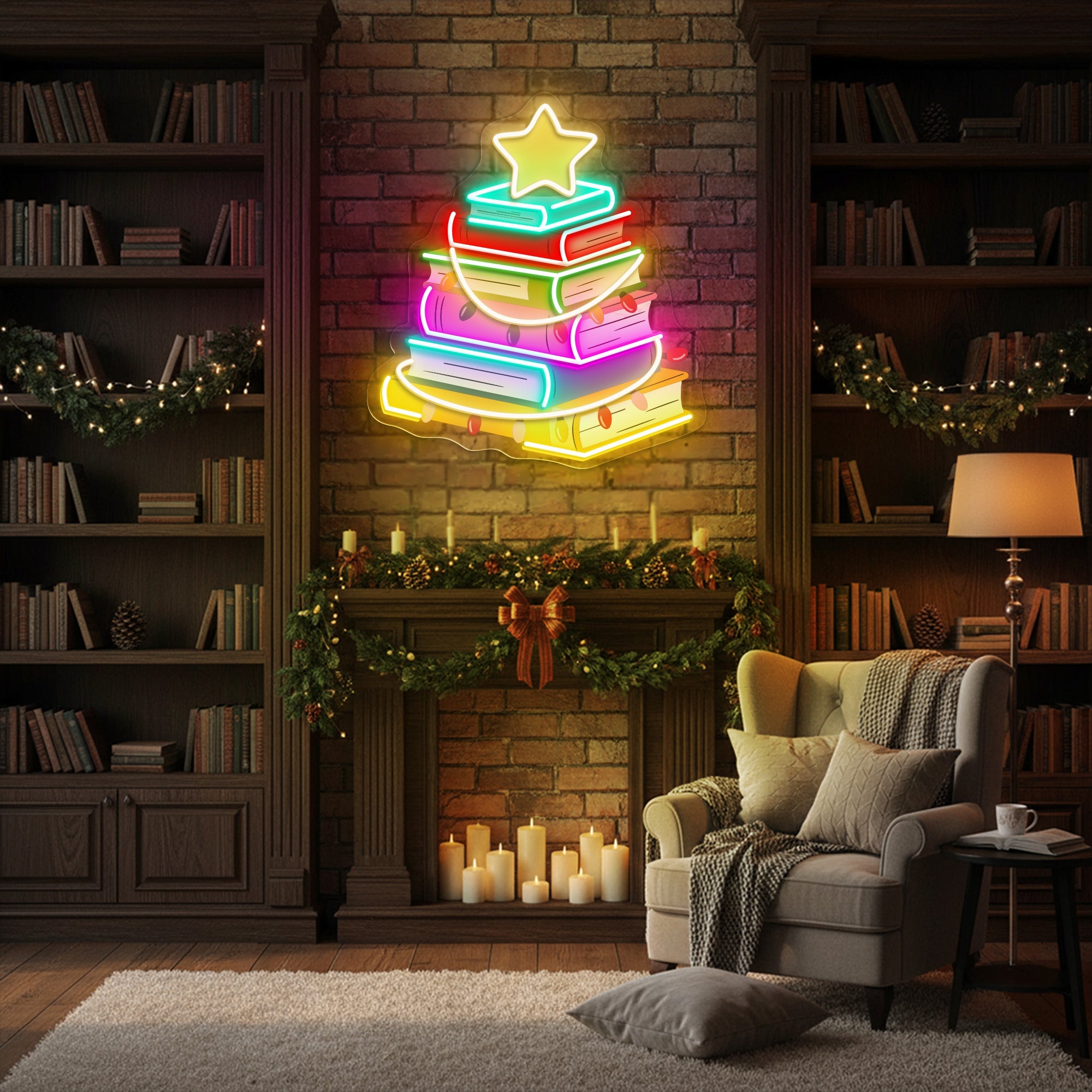 Christmas Tree Book Neon Sign – Holiday Reading LED Light for Cozy Home & Book Lover Décor