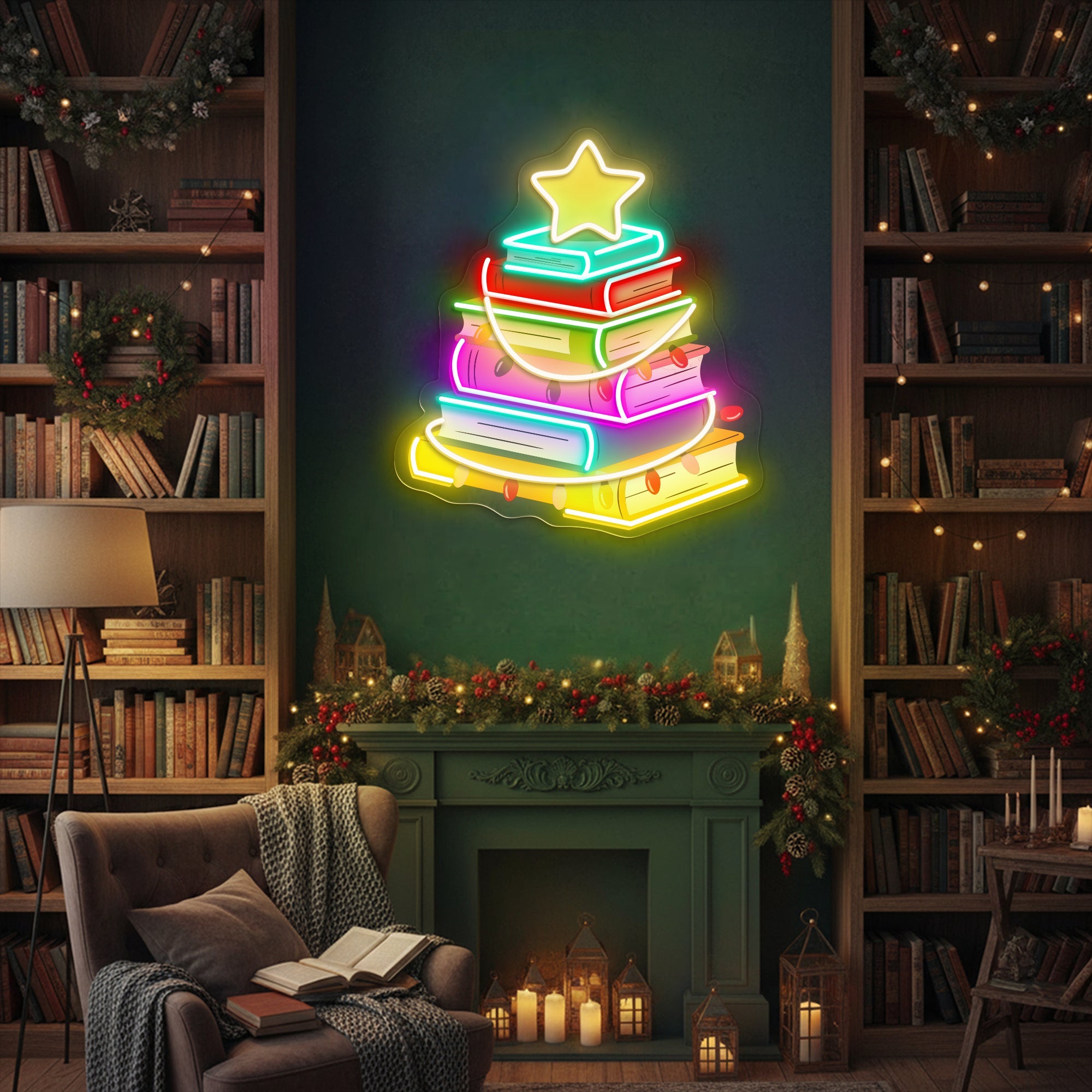 Christmas Tree Book Neon Sign – Holiday Reading LED Light for Cozy Home & Book Lover Décor