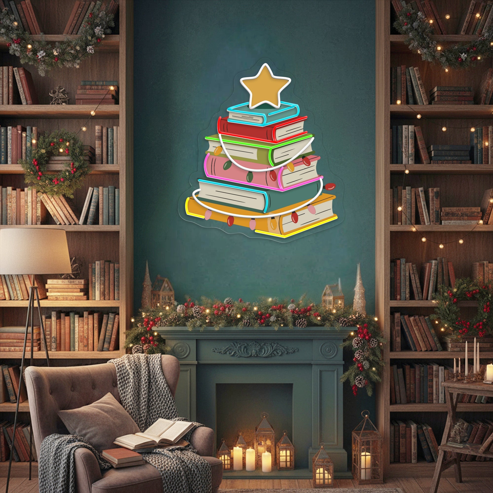 Christmas Tree Book Neon Sign – Holiday Reading LED Light for Cozy Home & Book Lover Décor