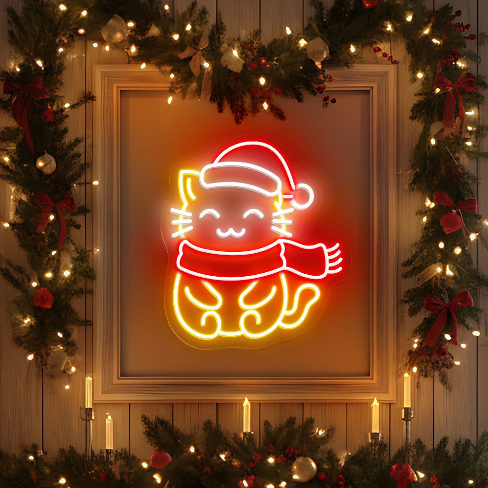 Christmas Cat Neon Sign – Cute Holiday LED Wall Light for Pet Lovers & Festive Home Décor