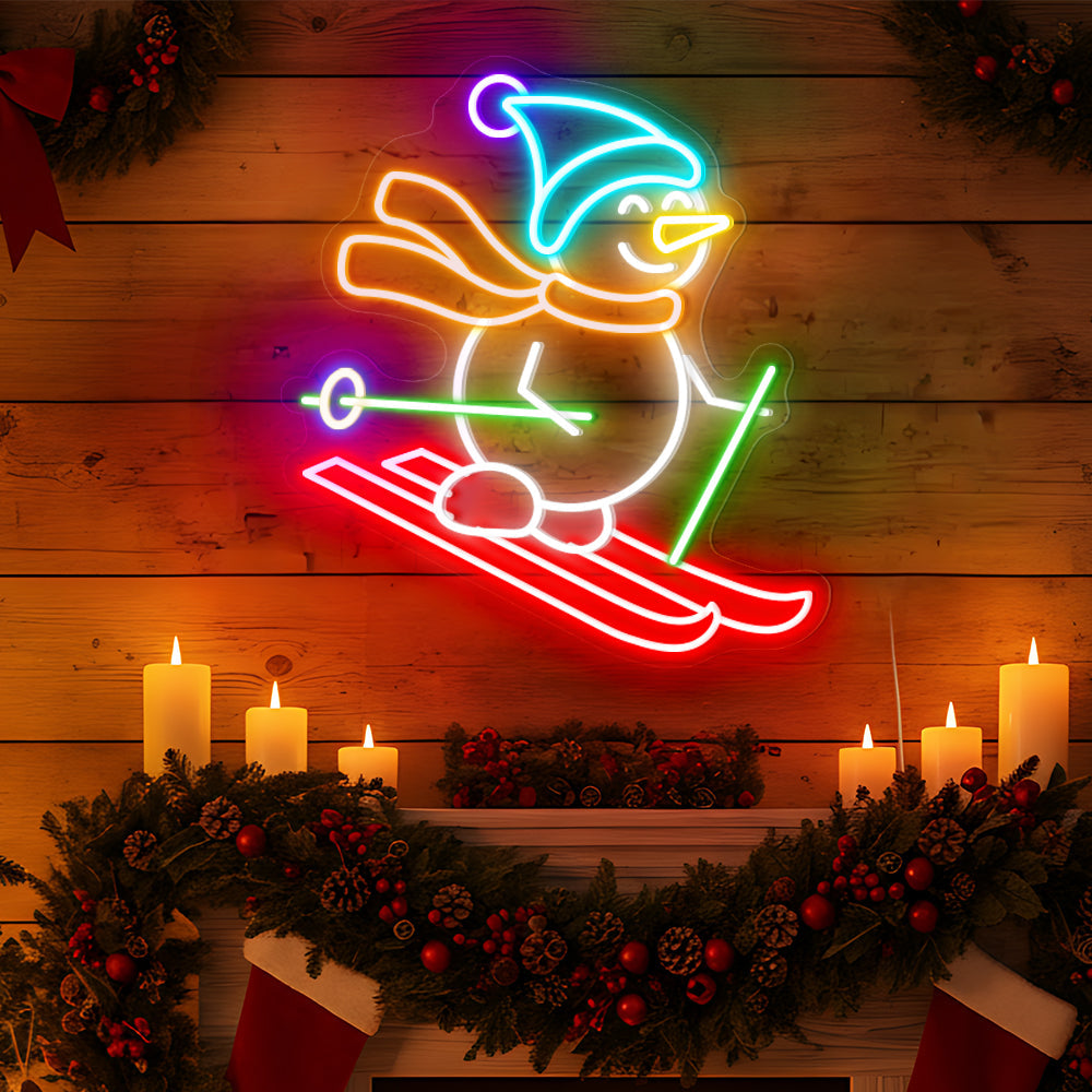 Cute Snowman Skiing Neon Sign - Christmas LED Light for Winter Holiday & Party Decor